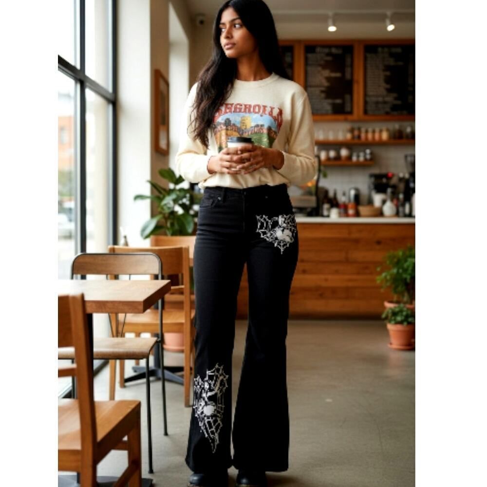 Shein Black Spiderweb Stretch Black Ankle Flared Pants - Women's Size 6